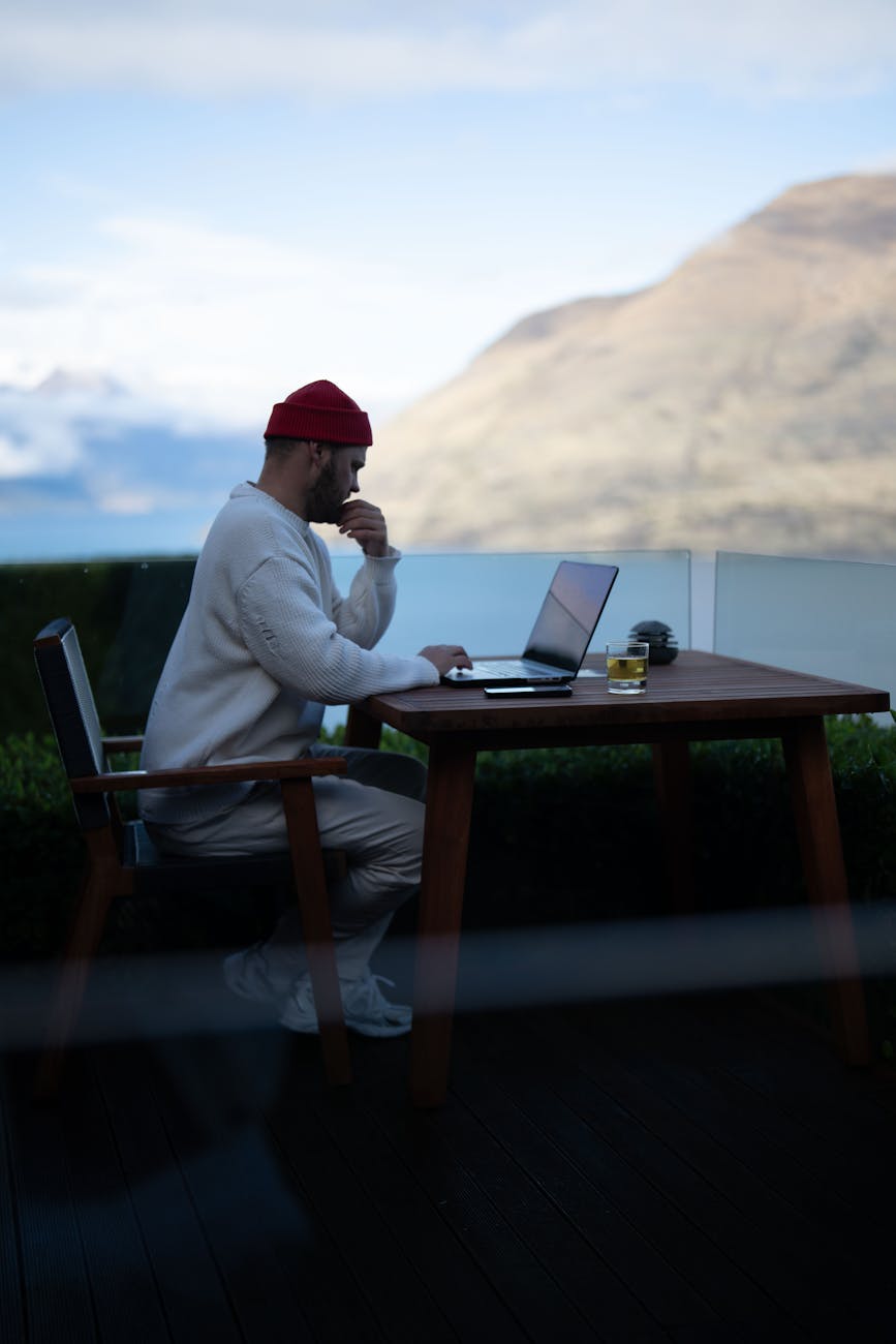 Office workspace with mountain view