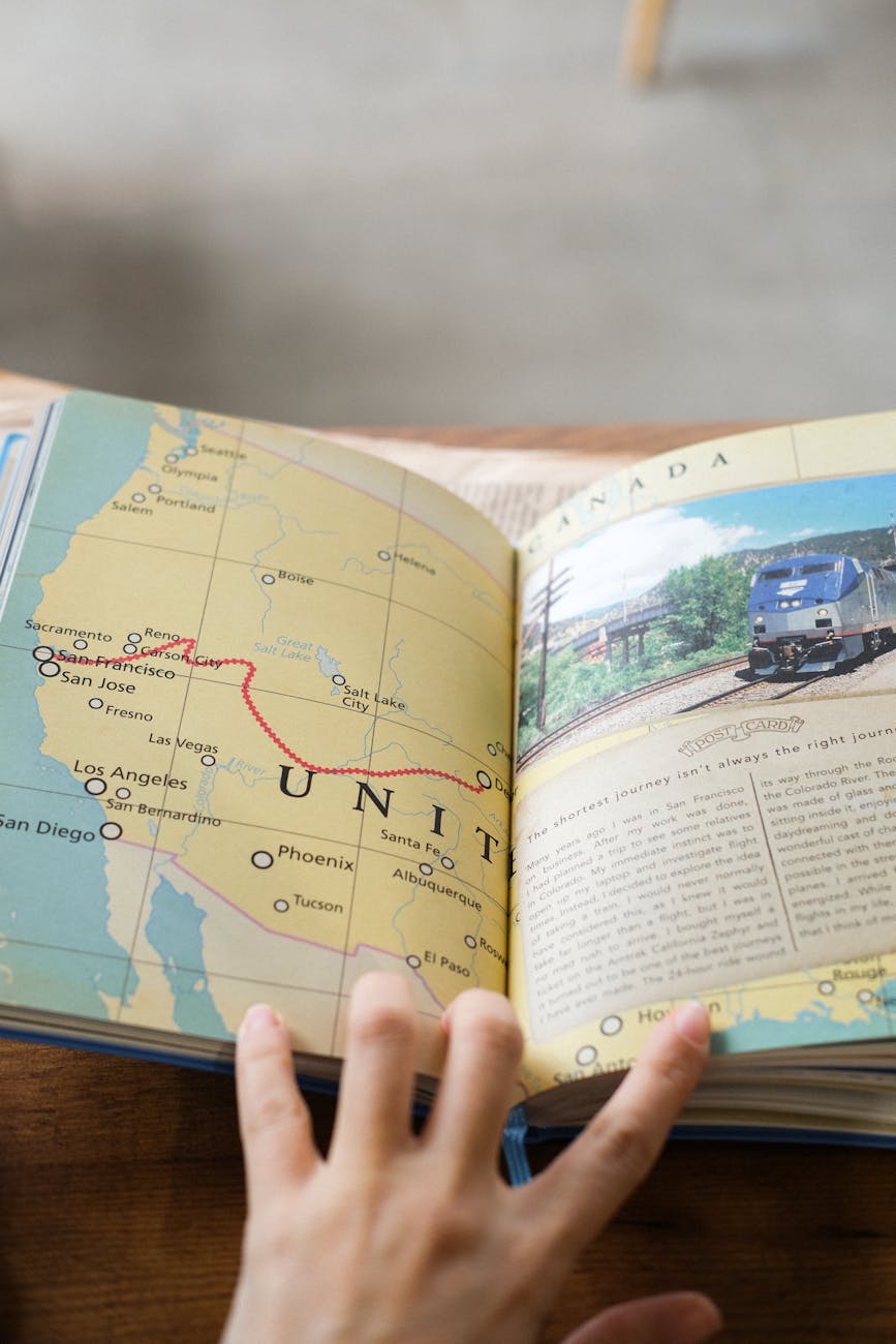 Travel guide book spread with maps